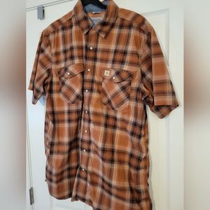 Carhartt Mens Short Sleeve Brown Plaid Pearl Snapdown Relaxed Fit Shirt